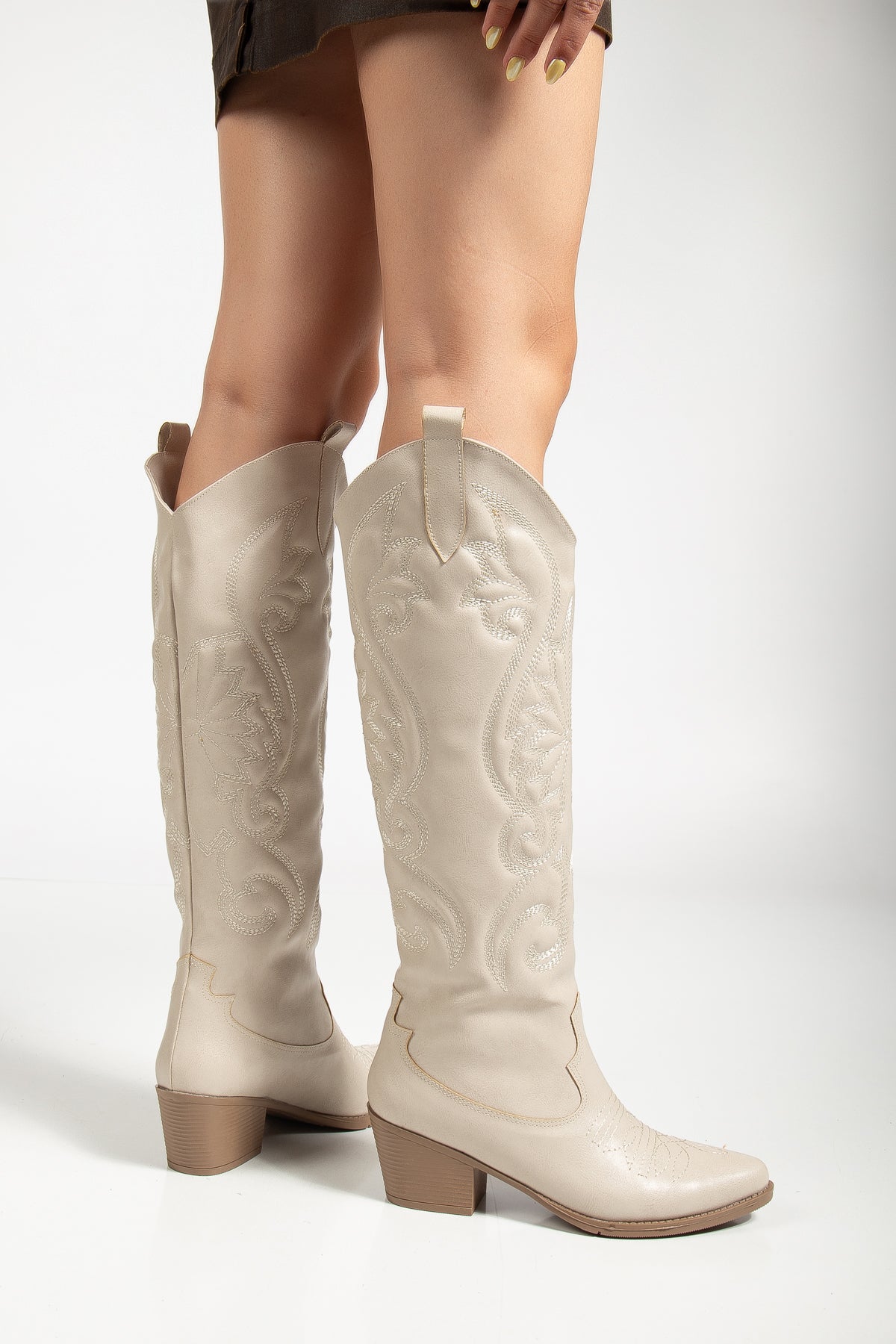 Kadın Siyah Vegan Süet Nakışlı Western Kovboy Cowgirl Bot Çizme Beyaz Nakışlı