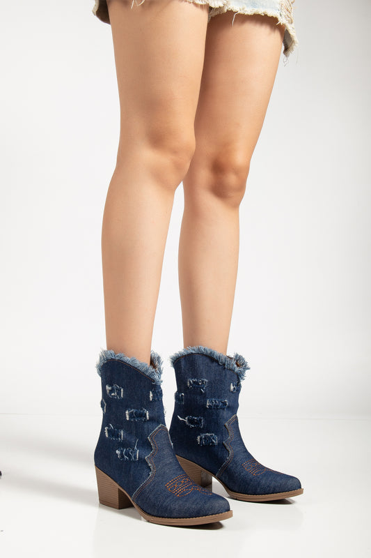 Kadın Yırtık Detaylı Kot Bot Nakış İşlemeli Kovboy Tarzı Cowgirl