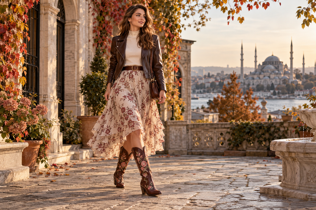 Çiçek nakışlı western çizme ile romantik sonbahar kombini İstanbul