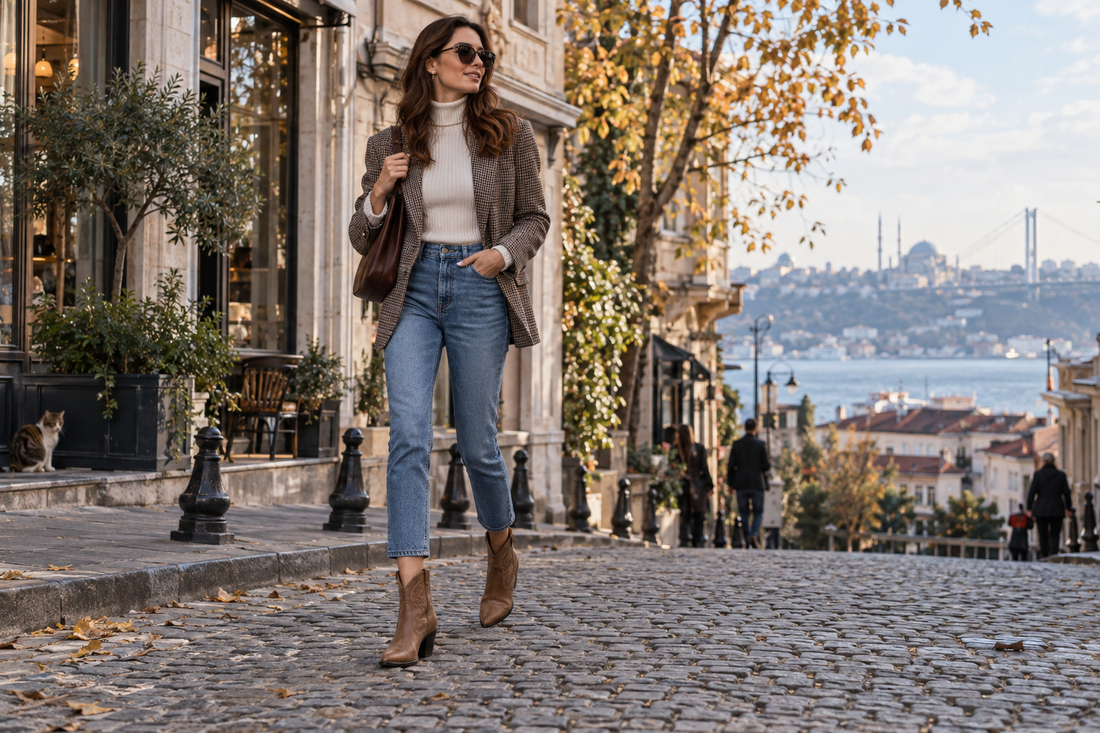 Kısa kovboy bot ile doğru jean paçası İstanbul sonbahar kombini