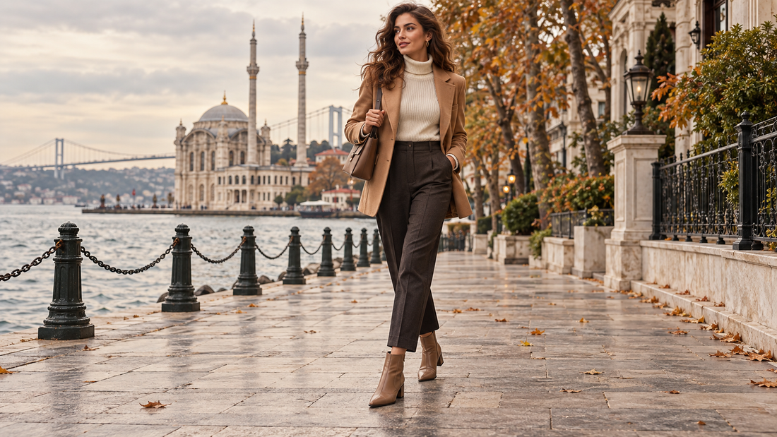 Sivri burun kovboy bot ile İstanbul sonbahar şehir stili