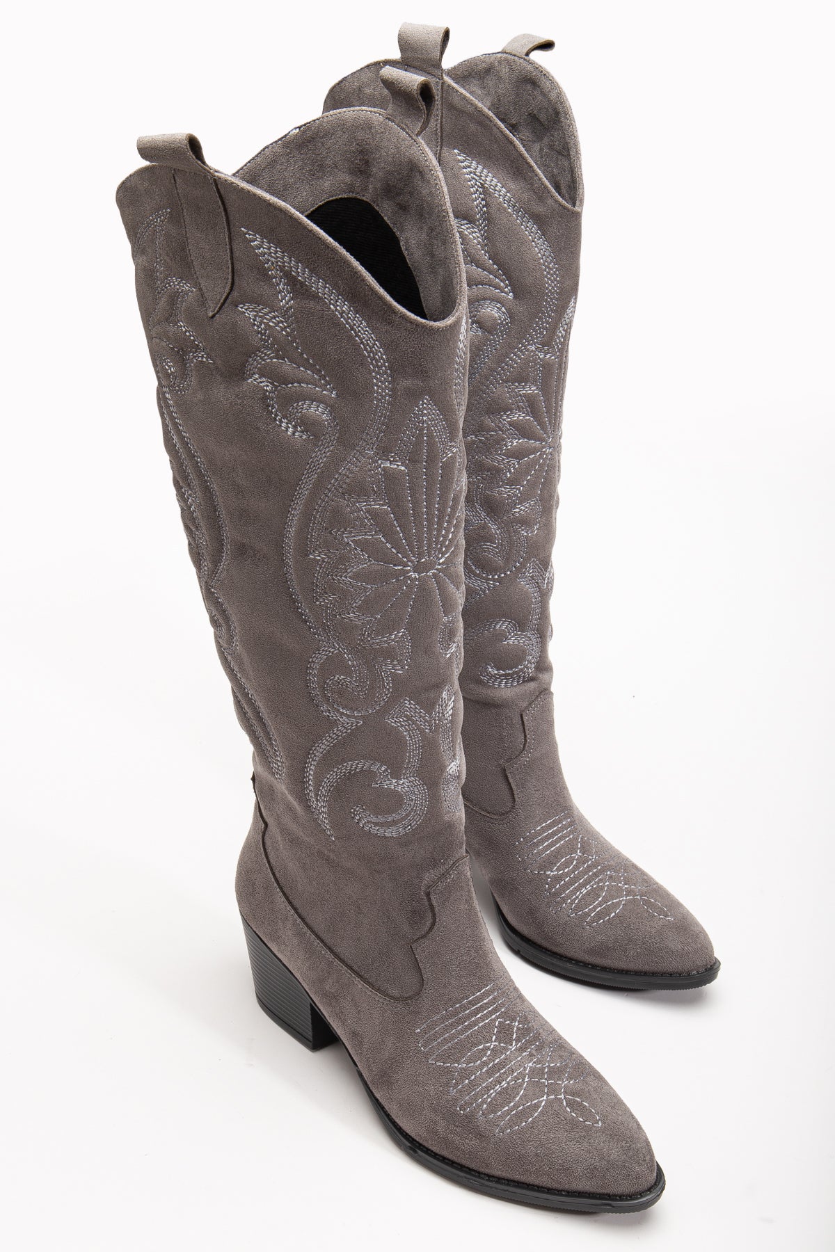 Kadın Siyah Vegan Süet Nakışlı Western Kovboy Cowgirl Bot Çizme Beyaz Nakışlı