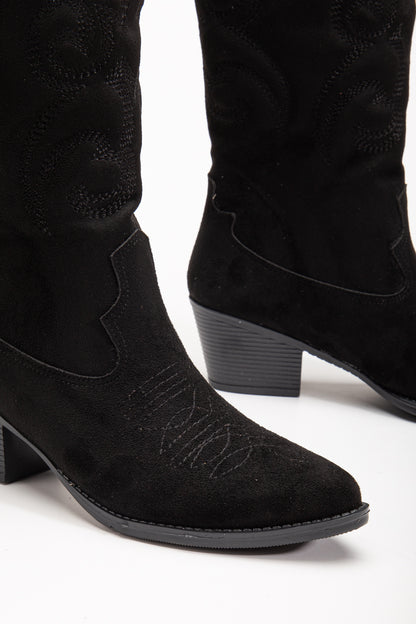 Kadın Siyah Vegan Süet Nakışlı Western Kovboy Cowgirl Bot Çizme Beyaz Nakışlı