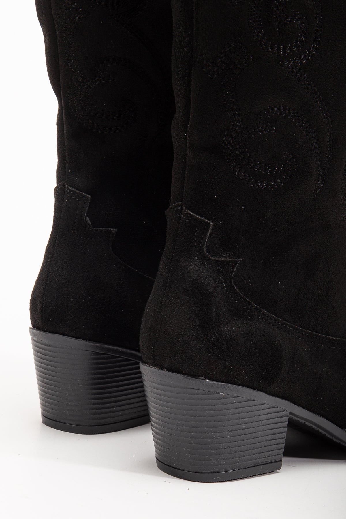 Kadın Siyah Vegan Süet Nakışlı Western Kovboy Cowgirl Bot Çizme Beyaz Nakışlı