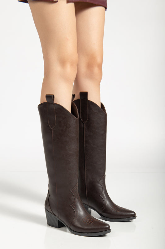 Kadın Deri Nakışlı Uzun Kovboy Çizme