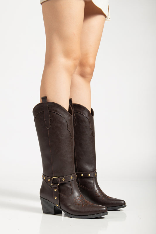 Kadın  Vegan Süet Trok detaylı Nakışlı Western Cowgirl Kovboy Çizme