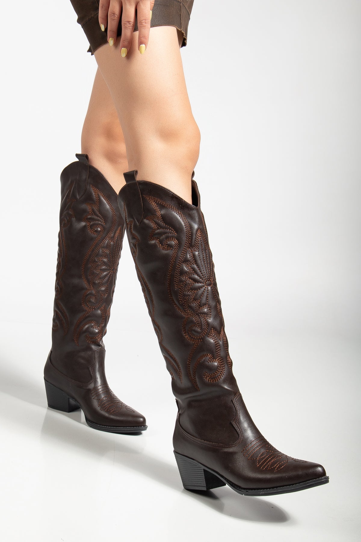 Kadın Siyah Vegan Süet Nakışlı Western Kovboy Cowgirl Bot Çizme Beyaz Nakışlı