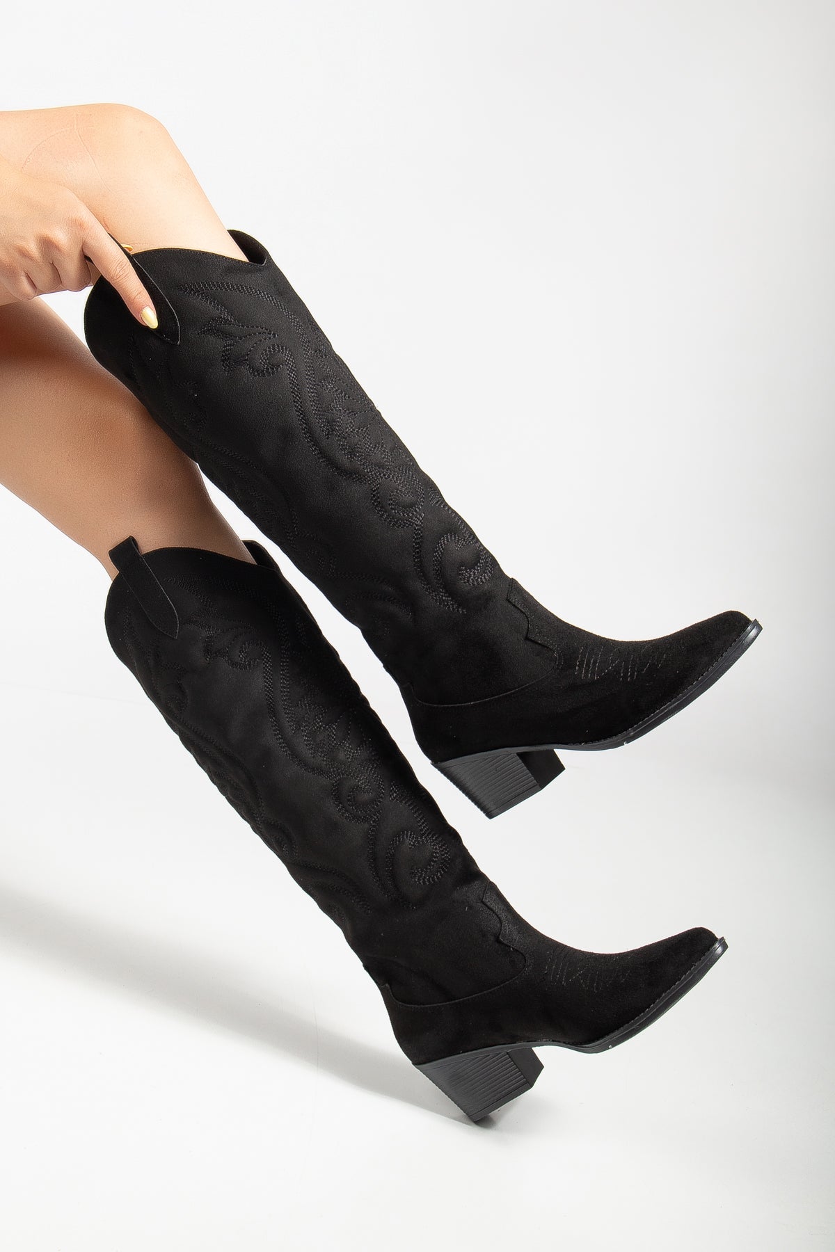 Kadın Siyah Vegan Süet Nakışlı Western Kovboy Cowgirl Bot Çizme Beyaz Nakışlı