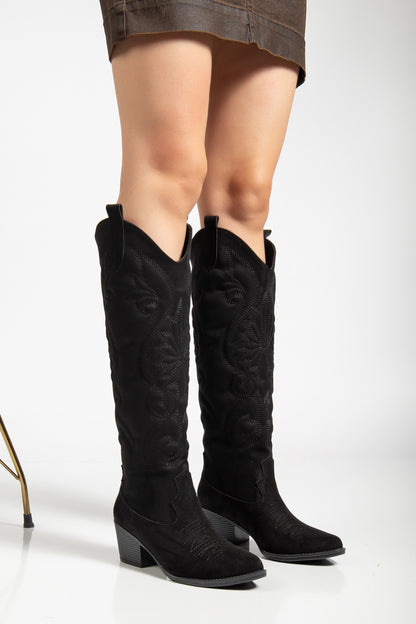 Kadın Siyah Vegan Süet Nakışlı Western Kovboy Cowgirl Bot Çizme Beyaz Nakışlı