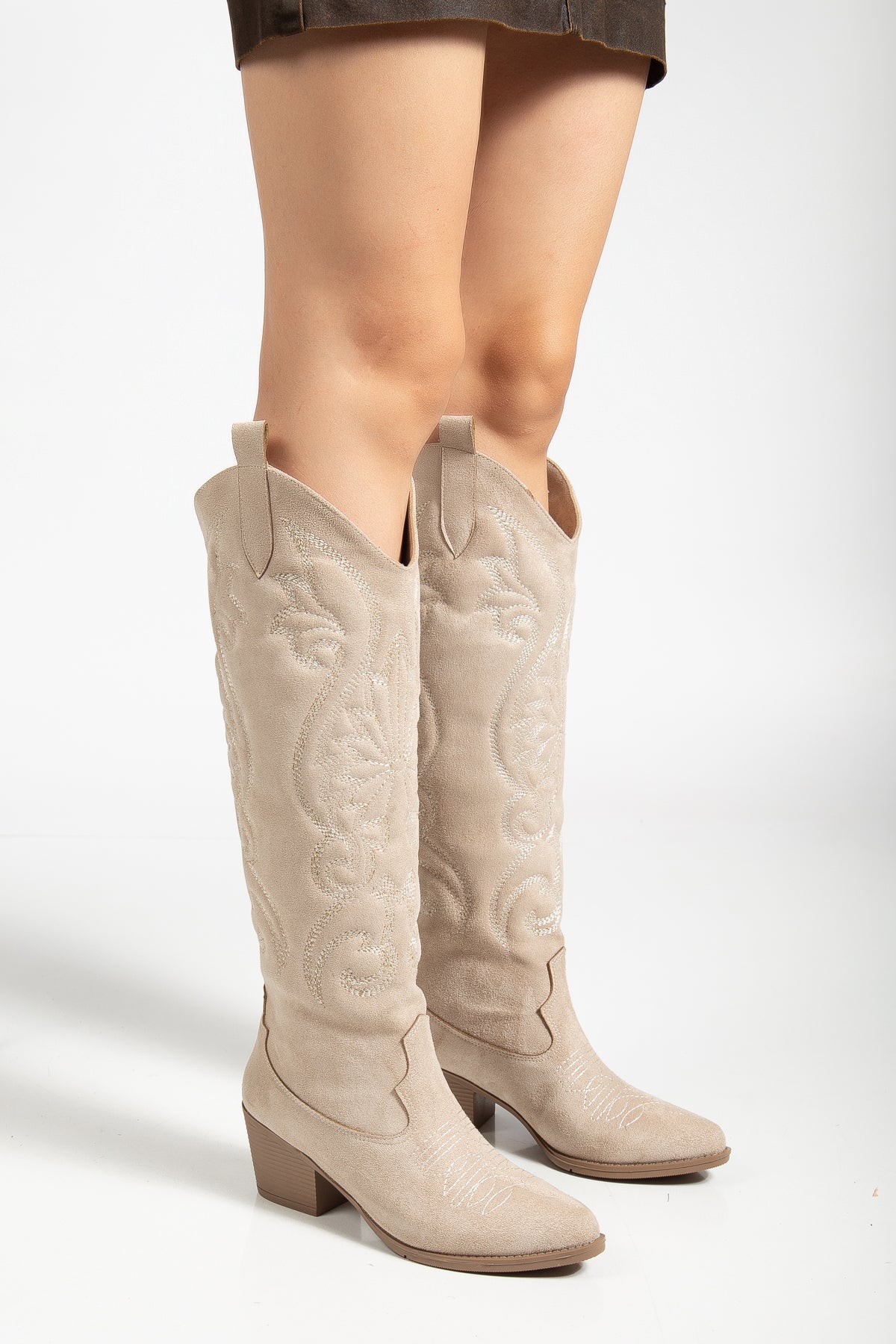 Kadın Siyah Vegan Süet Nakışlı Western Kovboy Cowgirl Bot Çizme Beyaz Nakışlı