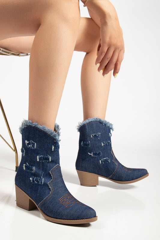 Kadın Yırtık Detaylı Kot Bot Nakış İşlemeli Kovboy Tarzı Cowgirl