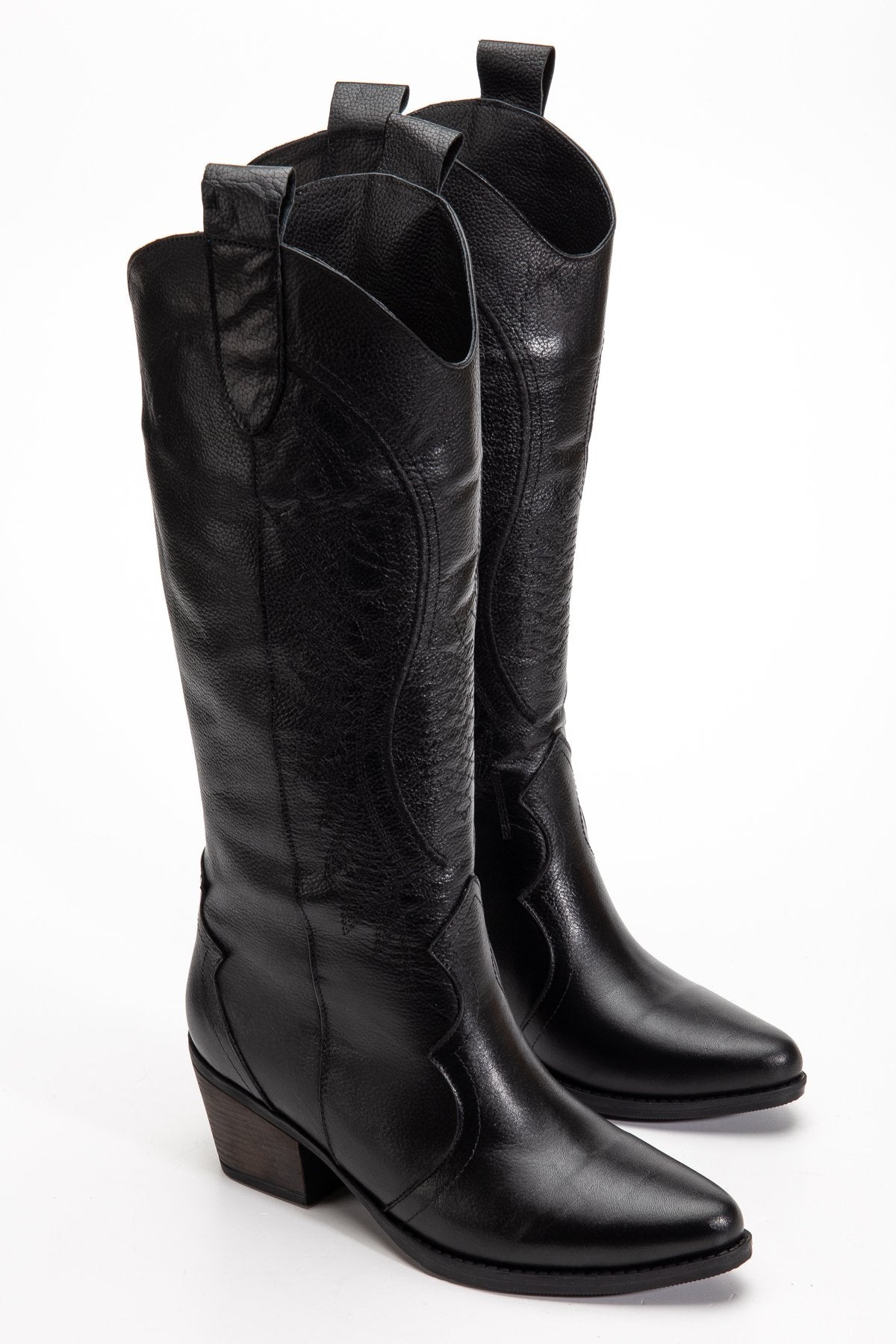 Kadın Siyah Hakiki Deri Nakışlı İçi Yönlü Western Kovboy Cowgirl Bot Çizme
