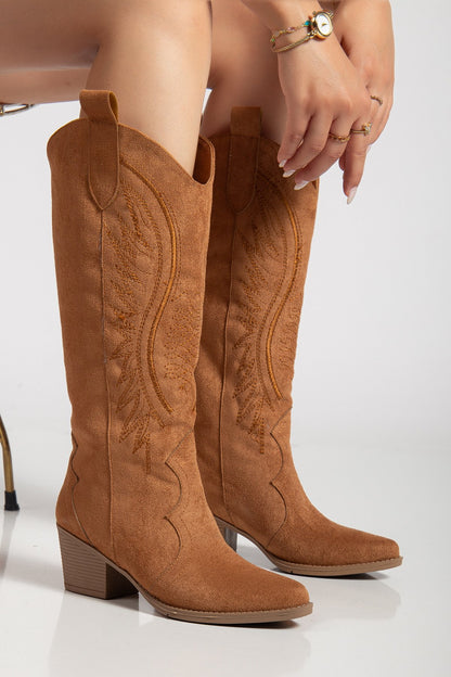 Kadın Siyah Hakiki Deri Nakışlı İçi Yönlü Western Kovboy Cowgirl Bot Çizme