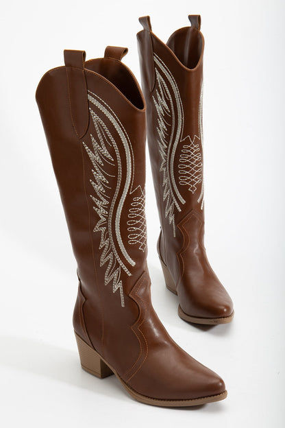 Kadın Siyah Hakiki Deri Nakışlı İçi Yönlü Western Kovboy Cowgirl Bot Çizme