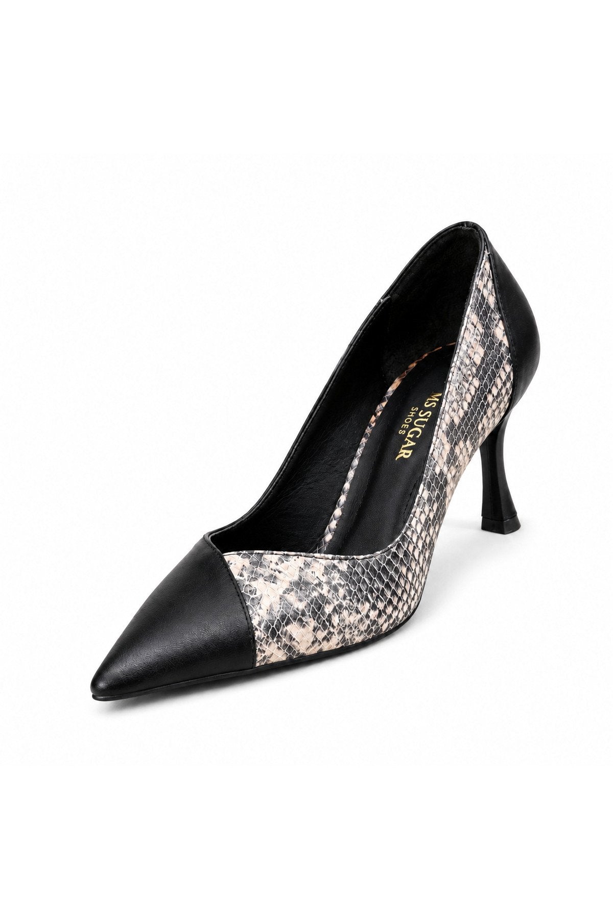 Kadın Hakiki Deri Siyah Yılan Desenli Şık İnce Topuklu Stiletto Ayakkabı