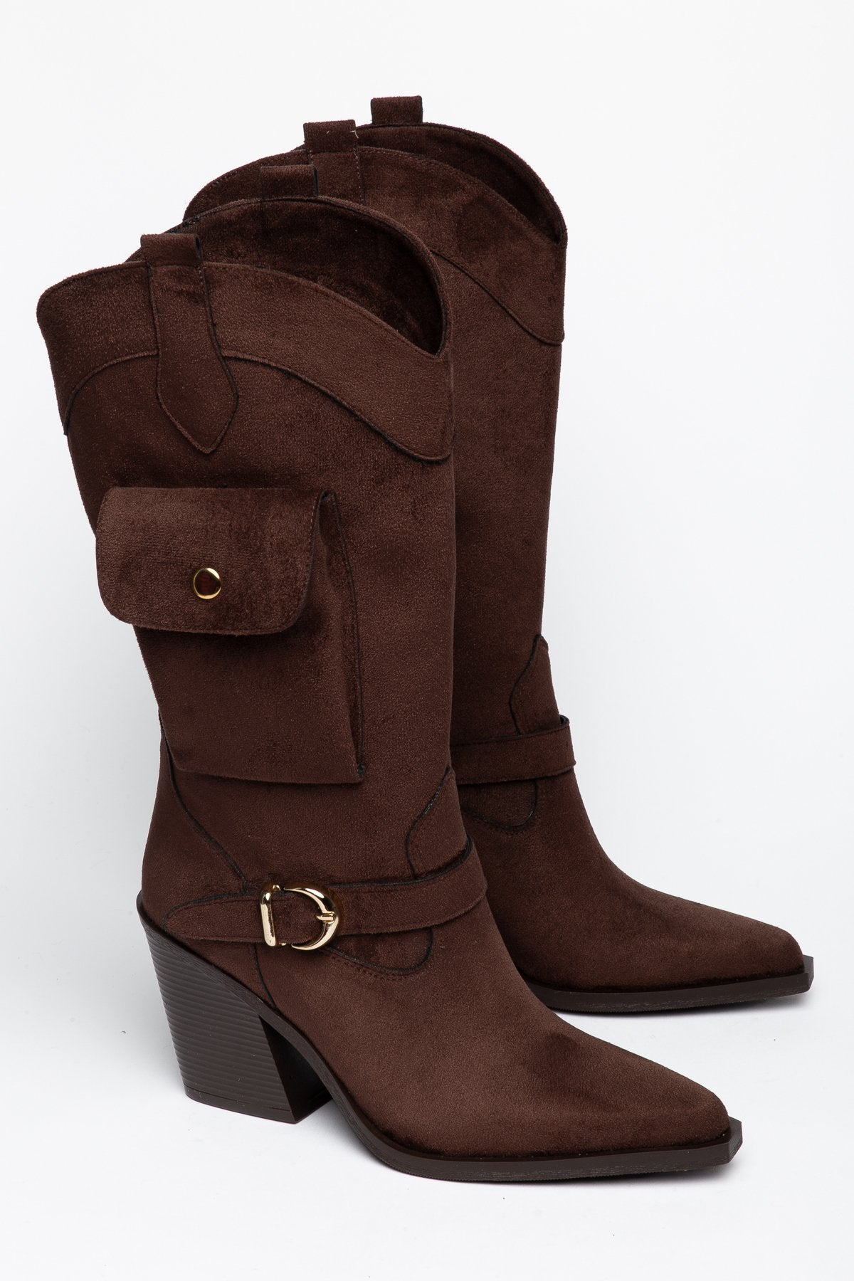 Kadın Süet Görünümlü Western Kovboy Çizme Sivri Burun Cepli Tokalı Kalın Topuklu