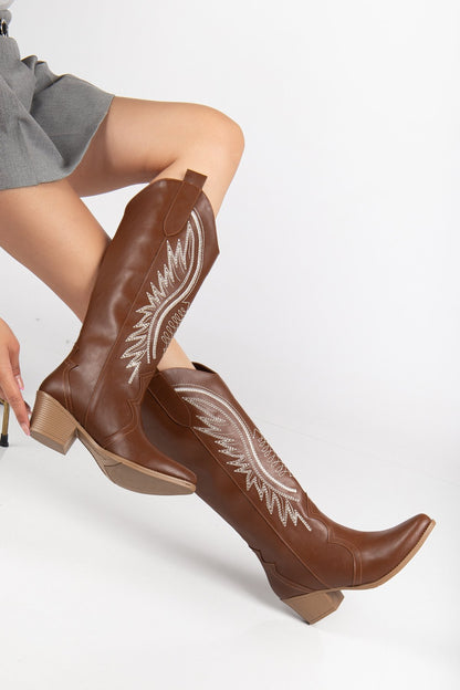 Kadın Siyah Hakiki Deri Nakışlı İçi Yönlü Western Kovboy Cowgirl Bot Çizme