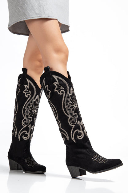 Kadın Siyah Vegan Süet Nakışlı Western Kovboy Cowgirl Bot Çizme Beyaz Nakışlı