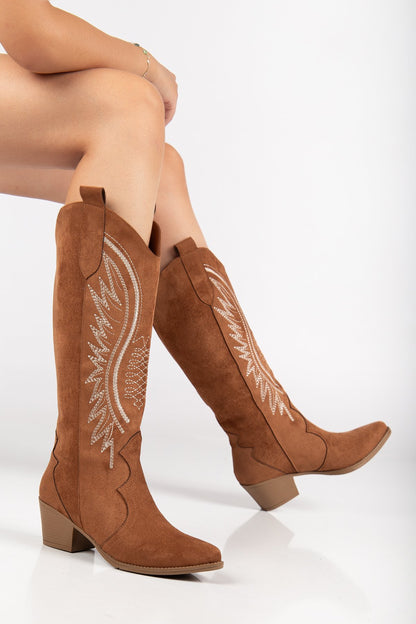 Kadın Siyah Hakiki Deri Nakışlı İçi Yönlü Western Kovboy Cowgirl Bot Çizme