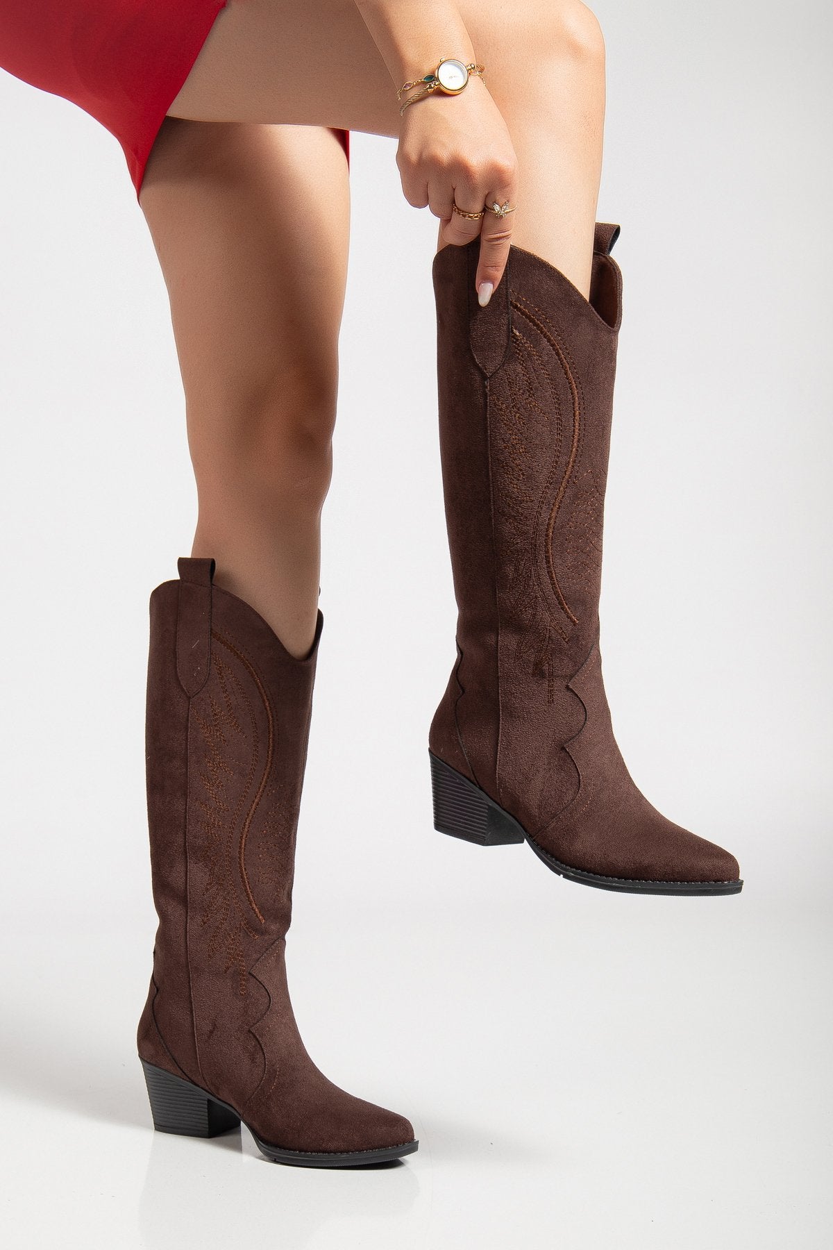 Kadın Siyah Hakiki Deri Nakışlı İçi Yönlü Western Kovboy Cowgirl Bot Çizme
