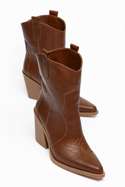 Kadın Kovboy Bot Western Dikiş Detaylı Sivri Burun Kalın Topuk Bot