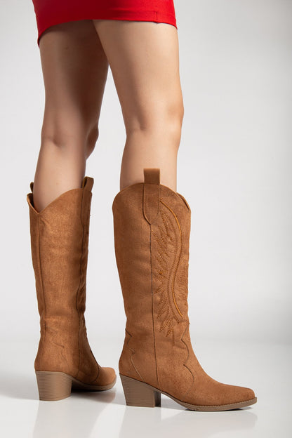 Kadın Siyah Hakiki Deri Nakışlı İçi Yönlü Western Kovboy Cowgirl Bot Çizme