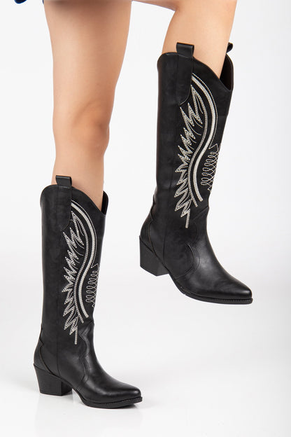Kadın Siyah Hakiki Deri Nakışlı İçi Yönlü Western Kovboy Cowgirl Bot Çizme