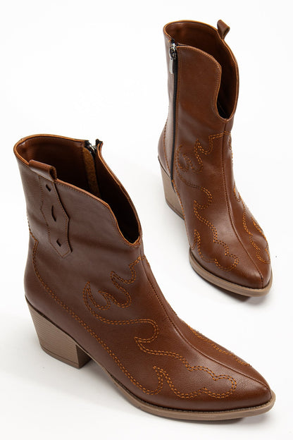 Western Kovboy Kadın Suni Deri Siyah Nakışlı Kısa Bot