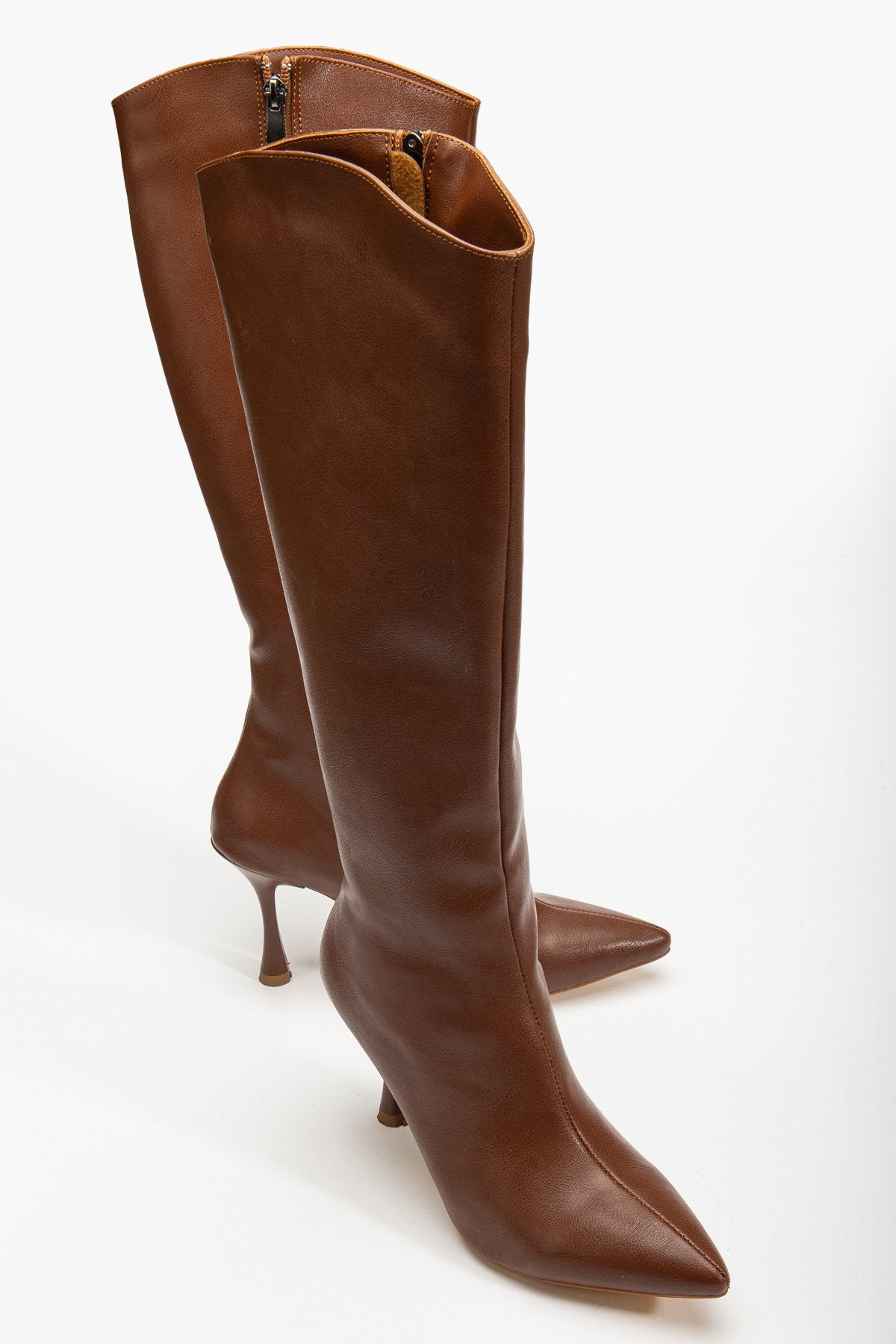 Kadın Taba Fermuarlı Topuklu Uzun Çizme Sivri Burun Vegan Deri