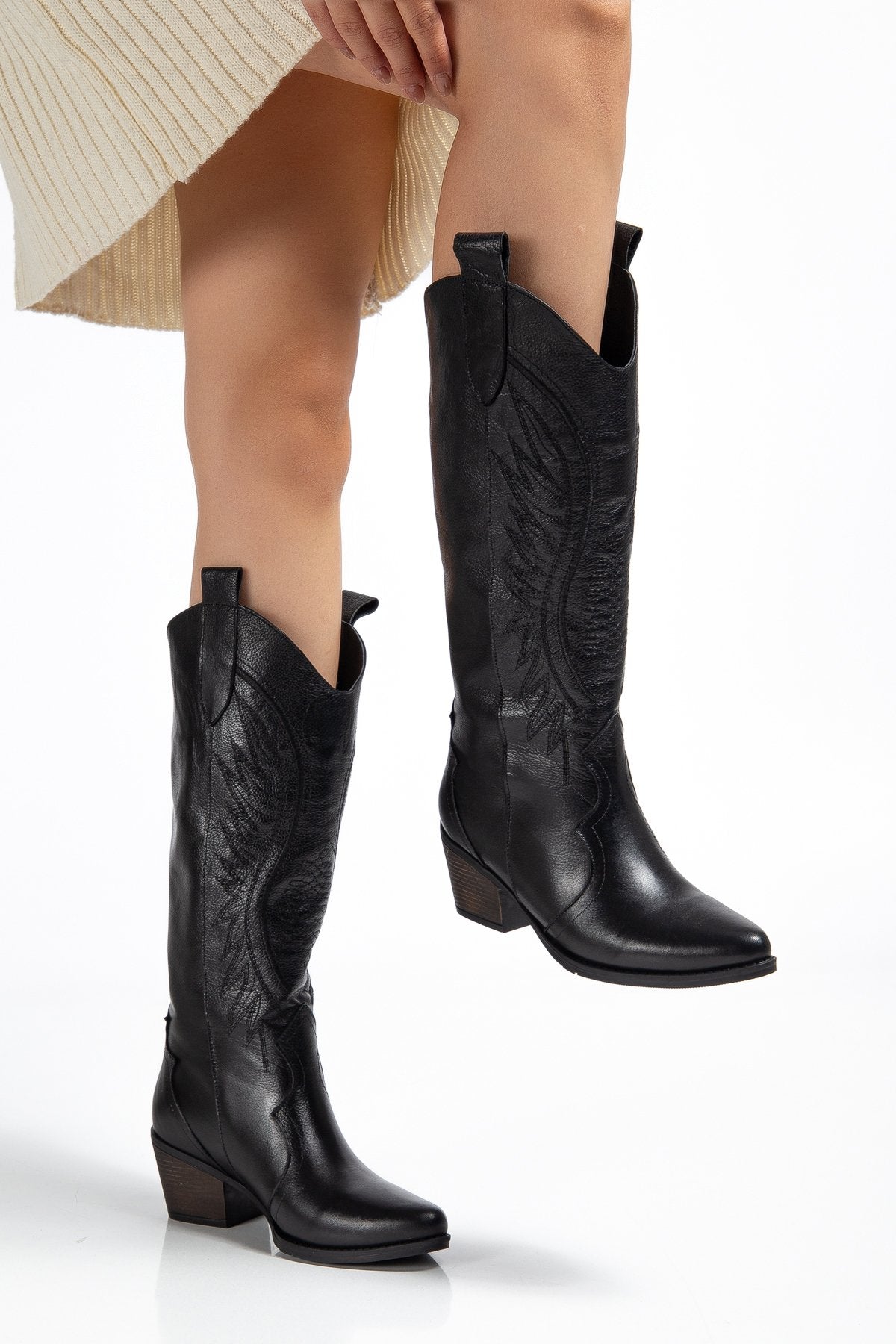 Kadın Siyah Hakiki Deri Nakışlı İçi Yönlü Western Kovboy Cowgirl Bot Çizme