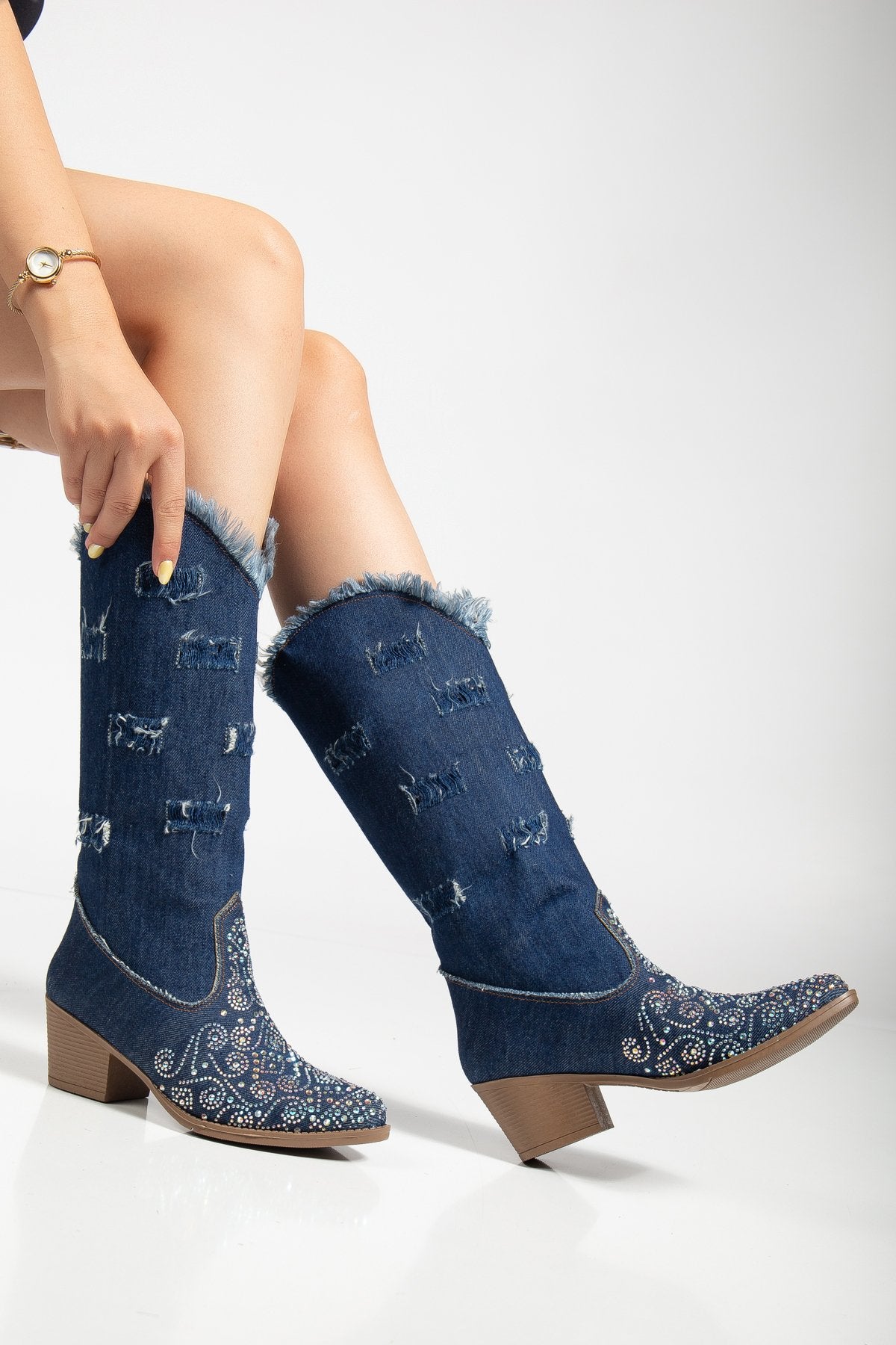 Kadın Yırtık Detaylı Kot Taşlı Kovboy Tarzı Cowgirl Bot