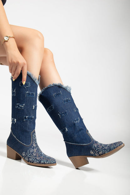 Kadın Yırtık Detaylı Kot Taşlı Kovboy Tarzı Cowgirl Bot