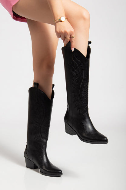 Kadın Siyah Hakiki Deri Nakışlı İçi Yönlü Western Kovboy Cowgirl Bot Çizme