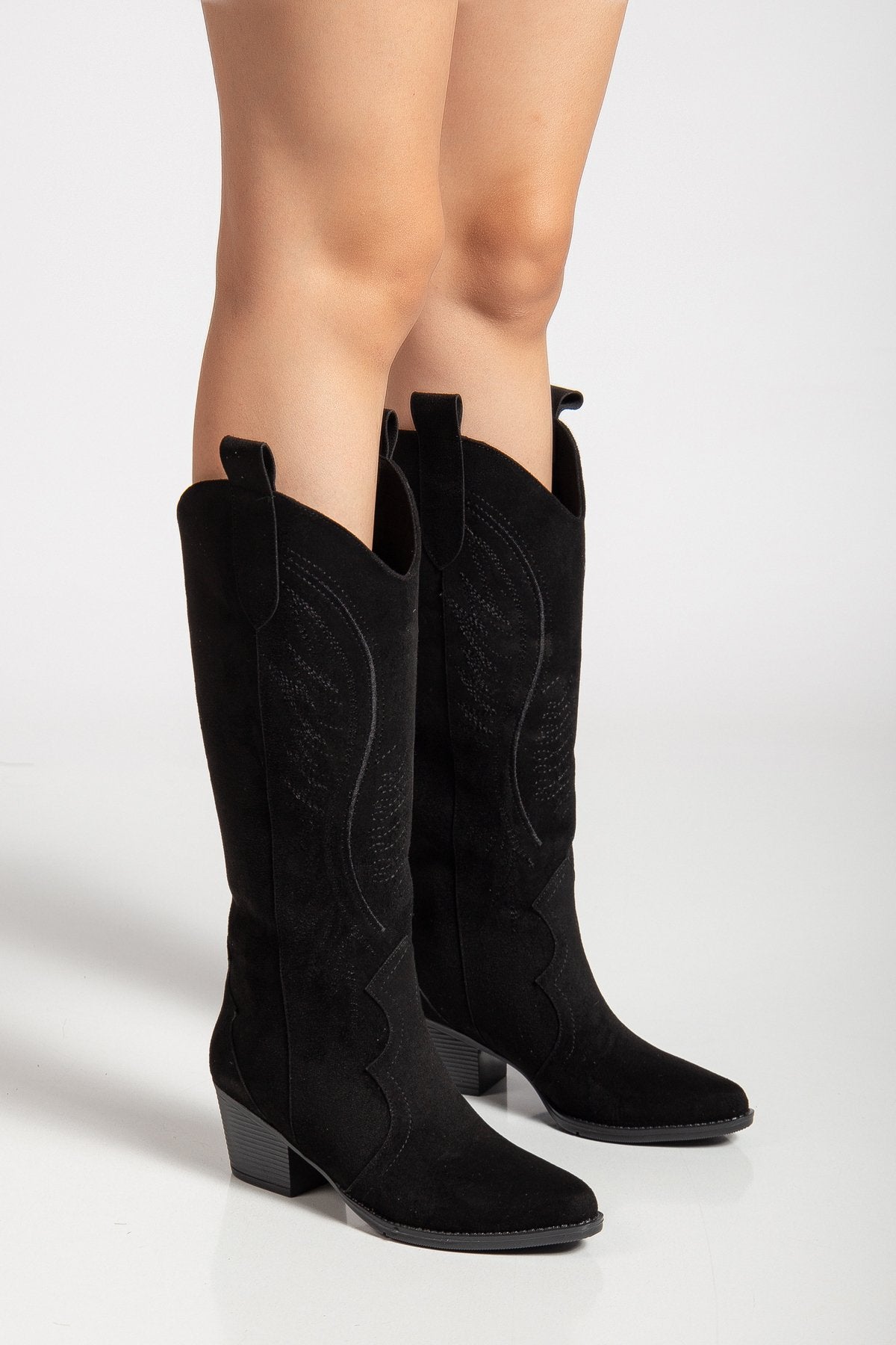Kadın Siyah Hakiki Deri Nakışlı İçi Yönlü Western Kovboy Cowgirl Bot Çizme
