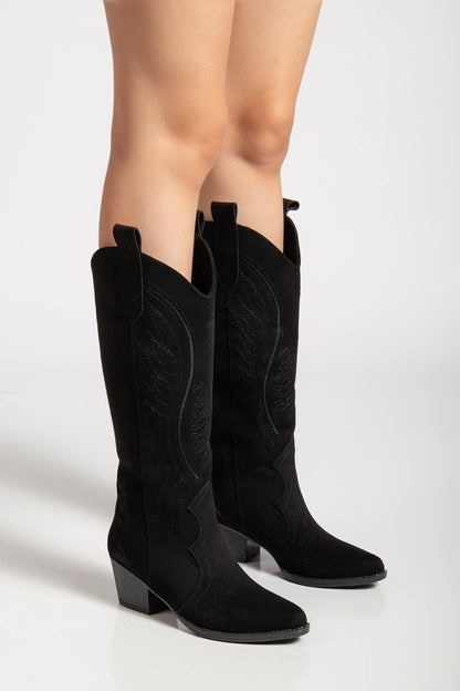 Kadın Siyah Hakiki Deri Nakışlı İçi Yönlü Western Kovboy Cowgirl Bot Çizme