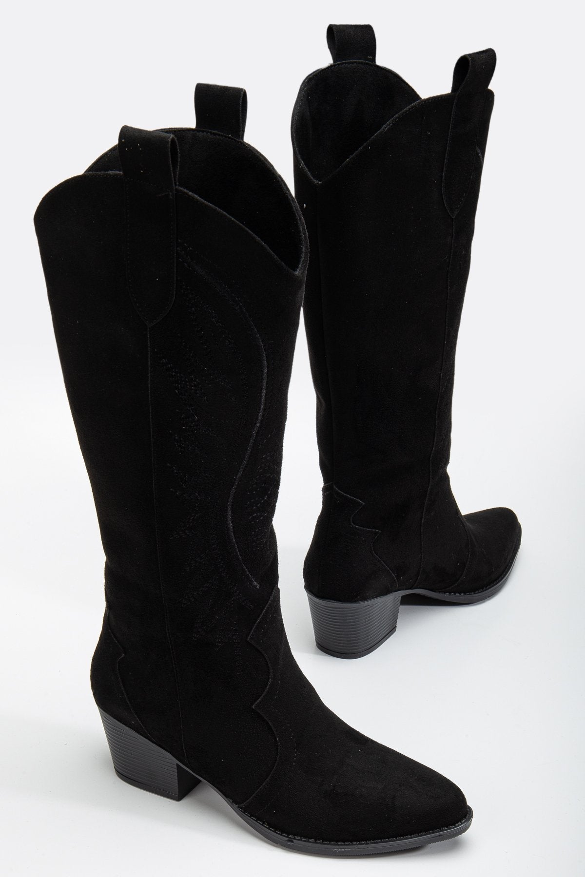 Kadın Siyah Hakiki Deri Nakışlı İçi Yönlü Western Kovboy Cowgirl Bot Çizme