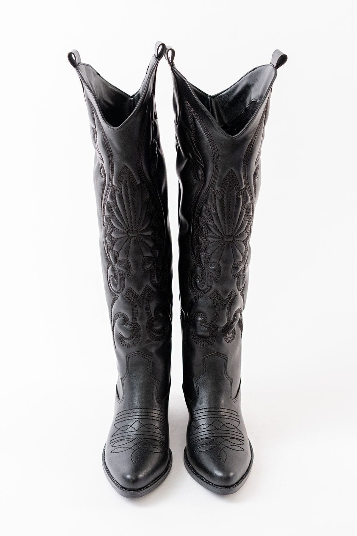 Kadın Siyah Vegan Süet Nakışlı Western Kovboy Cowgirl Bot Çizme Beyaz Nakışlı