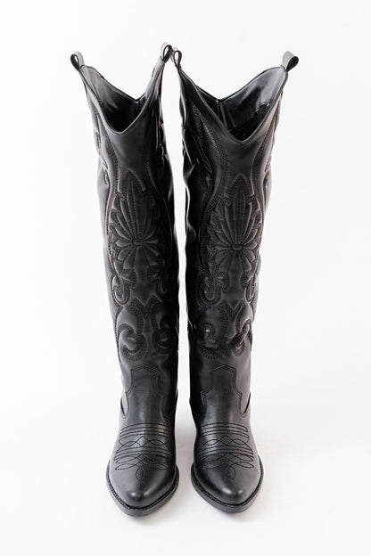 Kadın Siyah Vegan Süet Nakışlı Western Kovboy Cowgirl Bot Çizme Beyaz Nakışlı