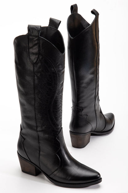 Kadın Siyah Hakiki Deri Nakışlı İçi Yönlü Western Kovboy Cowgirl Bot Çizme