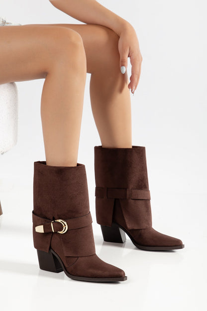 Kadın Kovboy Bot Kemer Tokalı Sivri Burun Kalın Topuk Western Bot