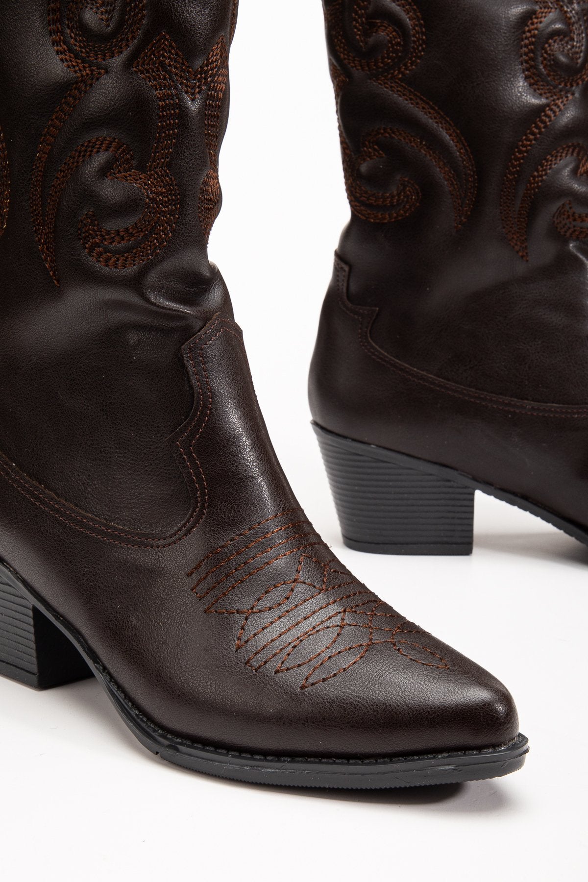 Kadın Siyah Vegan Süet Nakışlı Western Kovboy Cowgirl Bot Çizme Beyaz Nakışlı
