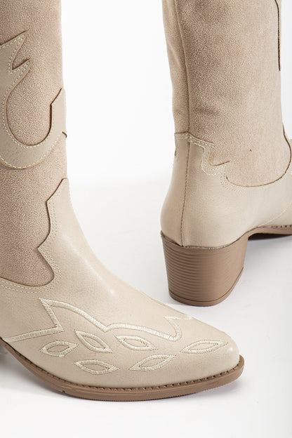 Kovboy Western Bot Kadın Acıkahve Deri Süet Nakışlı Desenli Western Kovboy Bot
