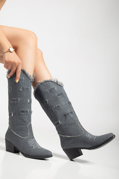 Kadın Yırtık Detaylı Kot Çizme Nakış İşlemeli Kovboy Tarzı Cowgirl