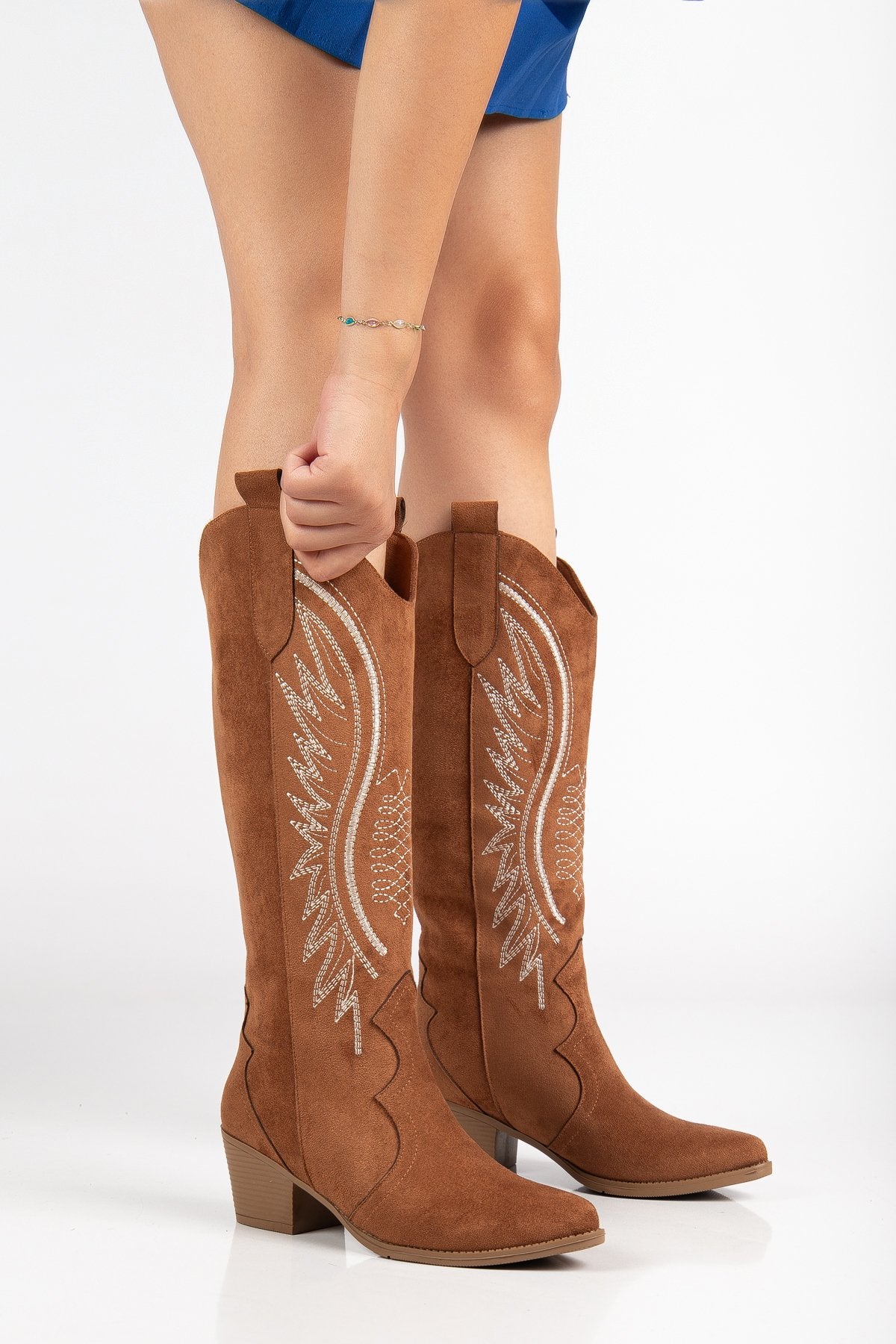 Kadın Siyah Hakiki Deri Nakışlı İçi Yönlü Western Kovboy Cowgirl Bot Çizme