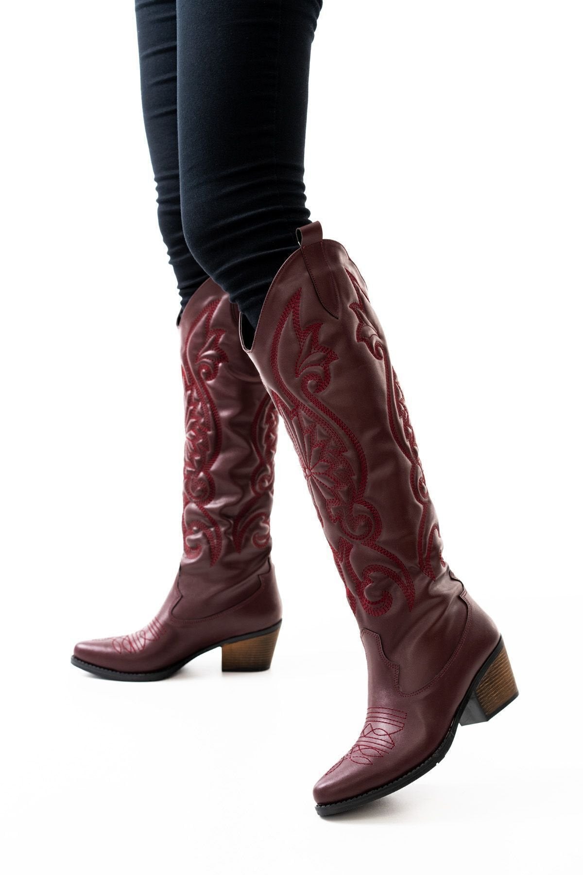 Kadın Siyah Vegan Süet Nakışlı Western Kovboy Cowgirl Bot Çizme Beyaz Nakışlı