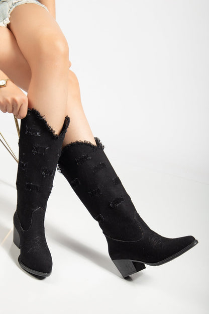 Kadın Yırtık Detaylı Kot Çizme Nakış İşlemeli Kovboy Tarzı Cowgirl