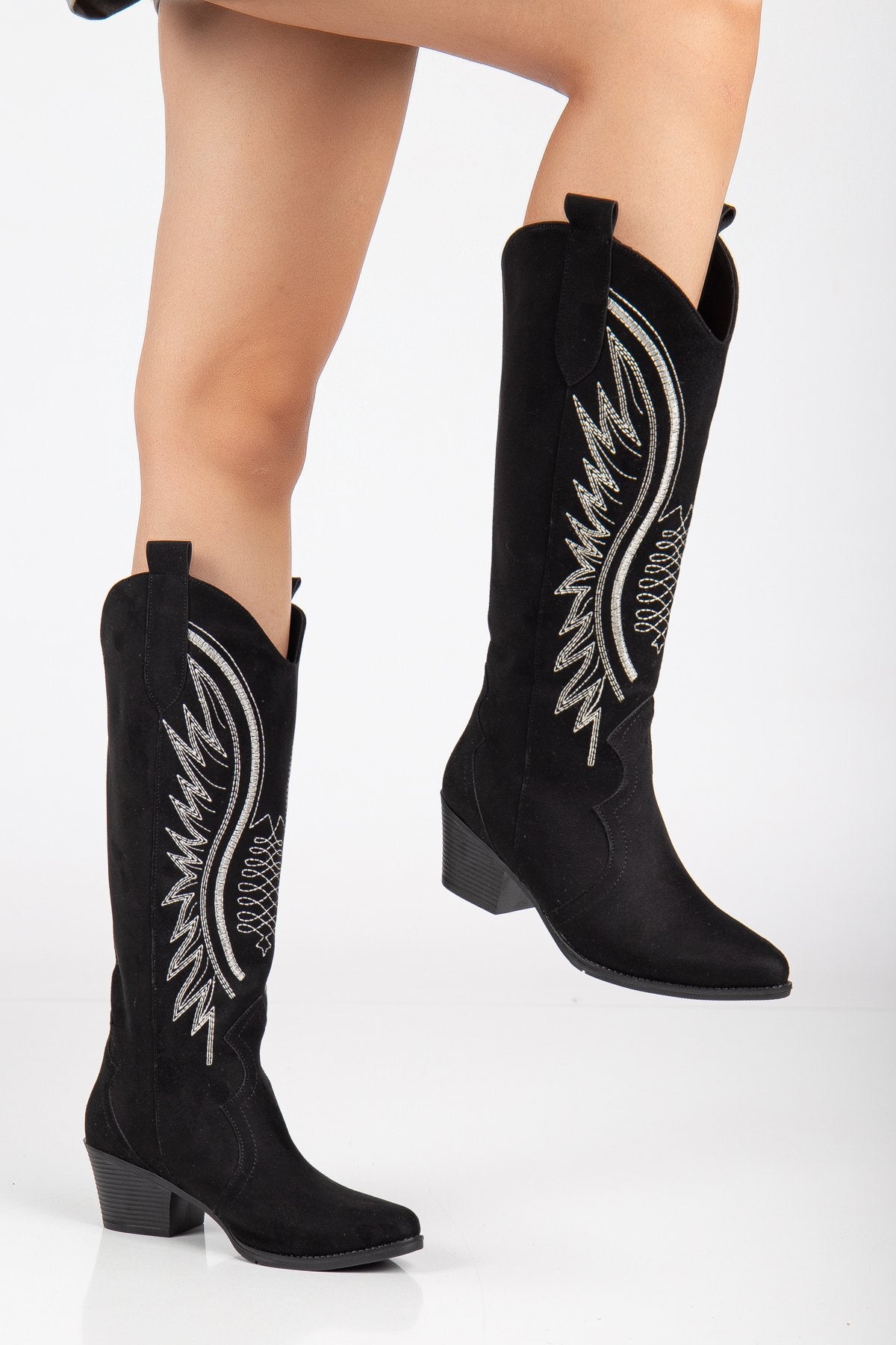 Kadın Siyah Hakiki Deri Nakışlı İçi Yönlü Western Kovboy Cowgirl Bot Çizme