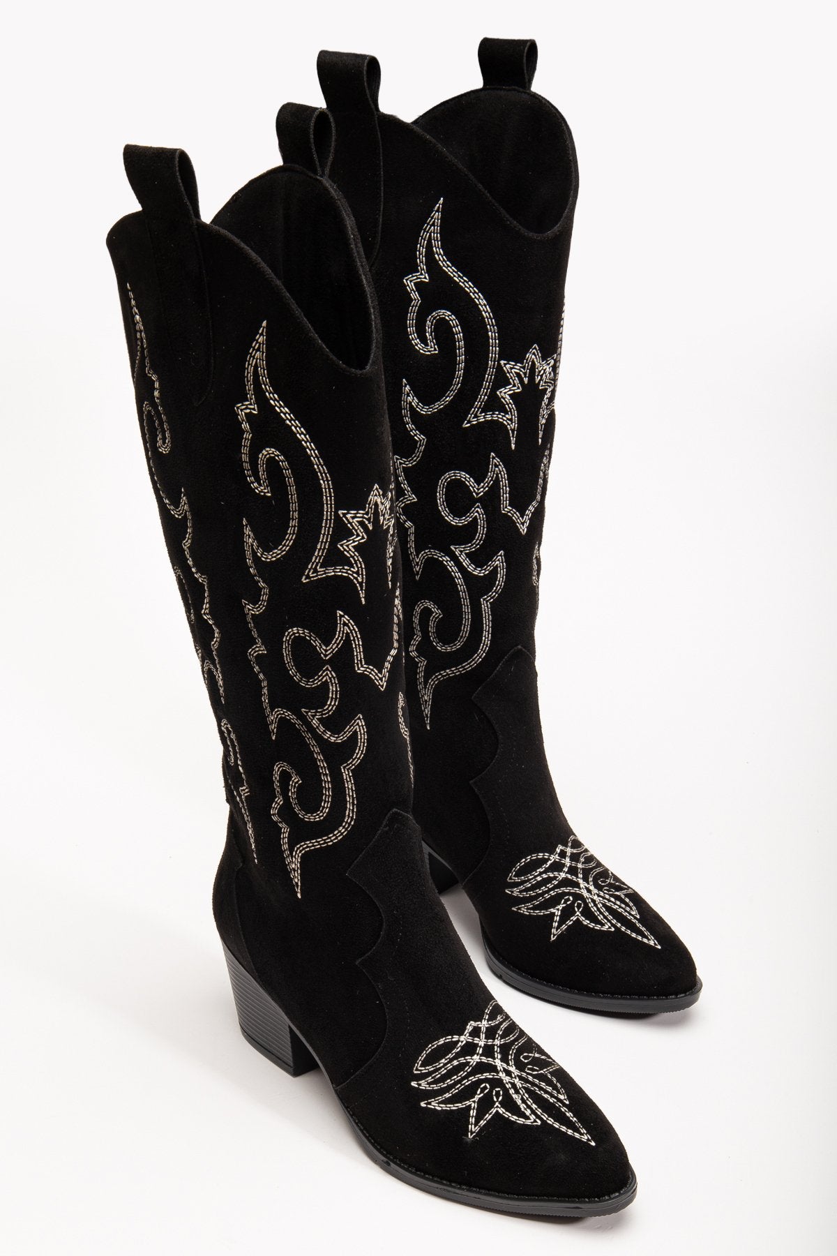 Kadın Kovboy Süet Kabartmalı Beyaz Nakışlı Uzun Çizme